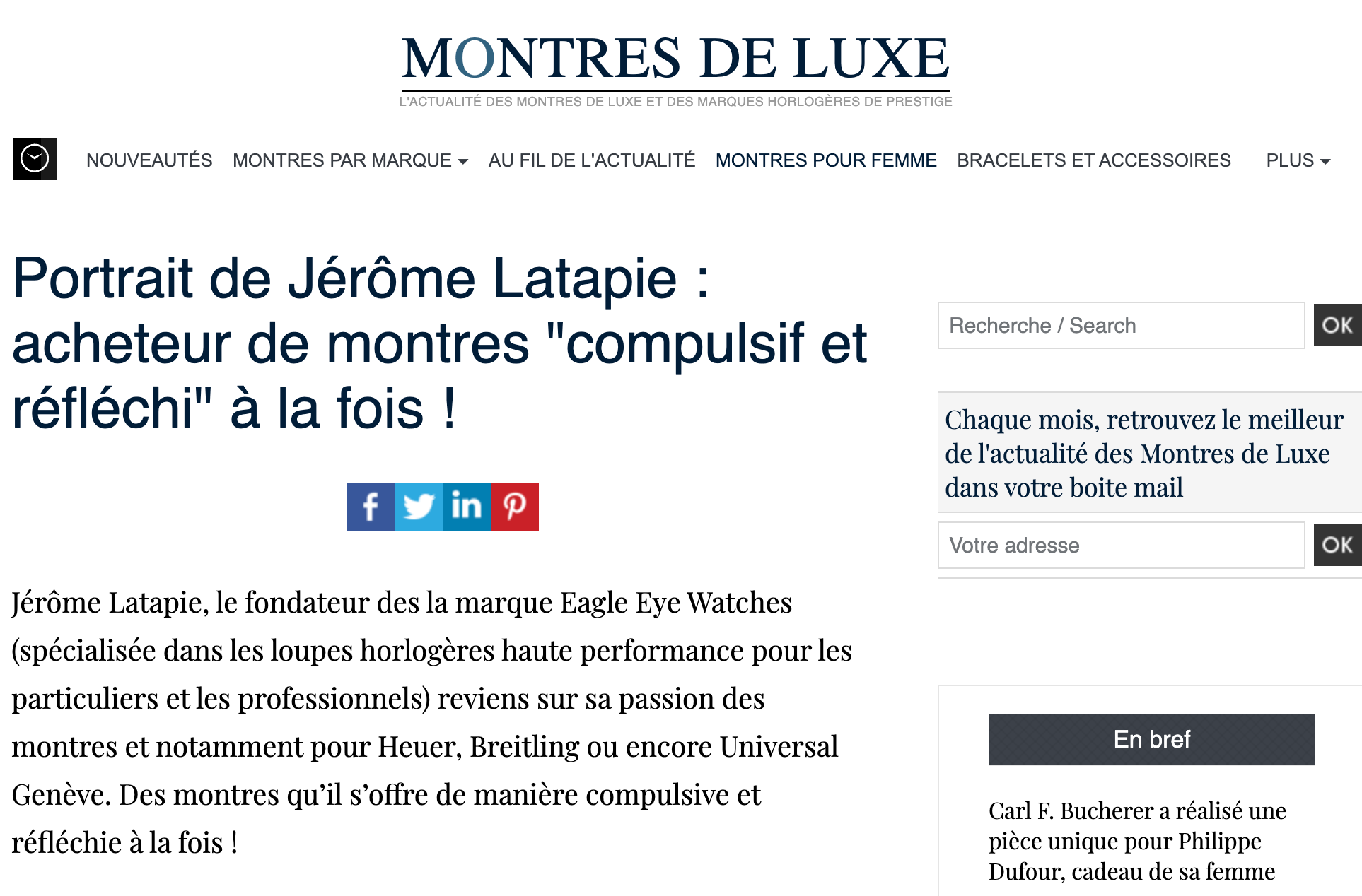 MONTRES DE LUXE.COM parle de Eagle Eye Watches
